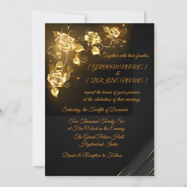 Convites Elegant Black & Gold Floral Wedding Invitation (Frente)