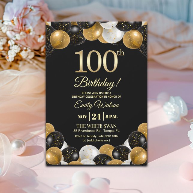 Convites Elegant Black Gold Glitter 100th Birthday  (Criador carregado)