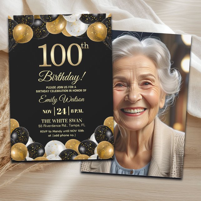 Convites Elegant Black Gold Glitter 100th Birthday Photo (Criador carregado)