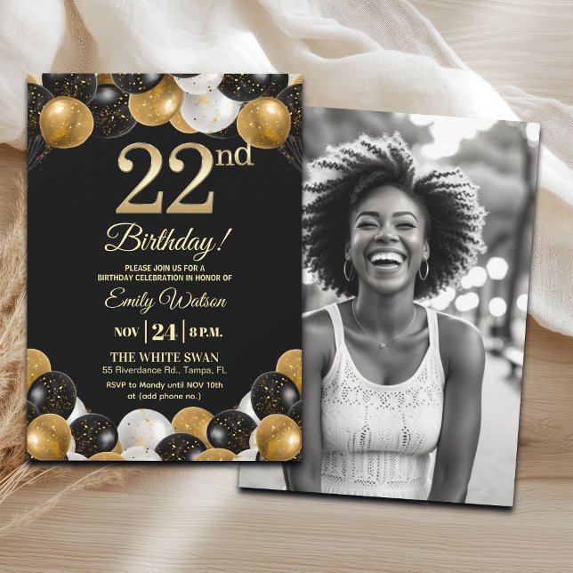 Convites Elegant Black Gold Glitter 22nd Birthday Photo (Criador carregado)
