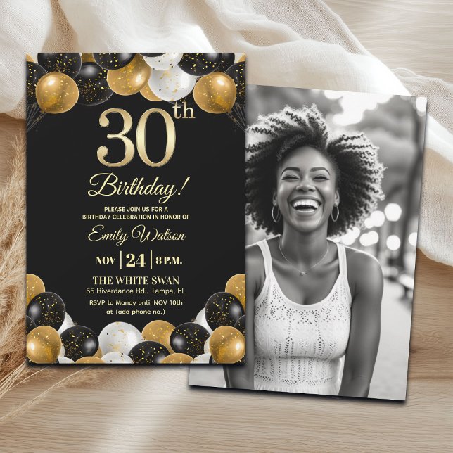 Convites Elegant Black Gold Glitter 30th Birthday Photo (Criador carregado)