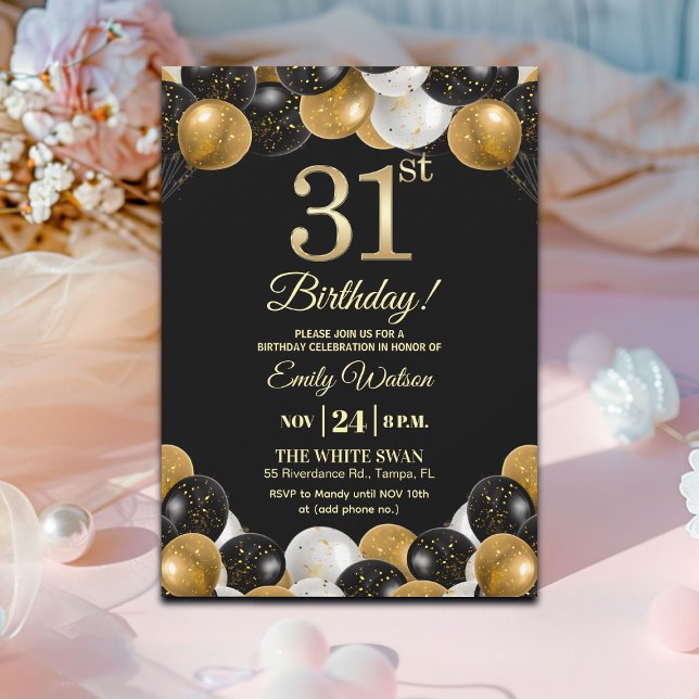 Convites Elegant Black Gold Glitter 31st Birthday Party (Criador carregado)