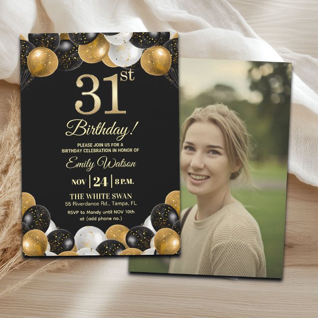 Convites Elegant Black Gold Glitter 31st Birthday Photo (Criador carregado)