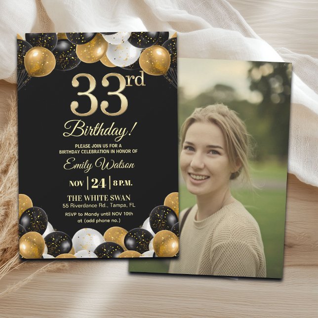 Convites Elegant Black Gold Glitter 33rd Birthday Photo (Criador carregado)
