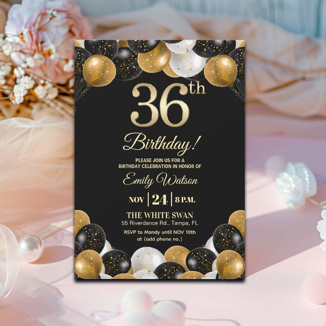 Convites Elegant Black Gold Glitter 36th Birthday Party (Criador carregado)