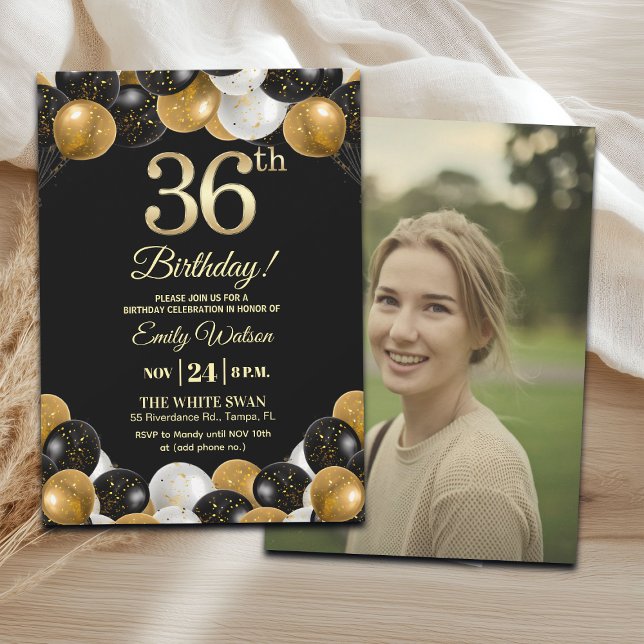 Convites Elegant Black Gold Glitter 36th Birthday Photo (Criador carregado)