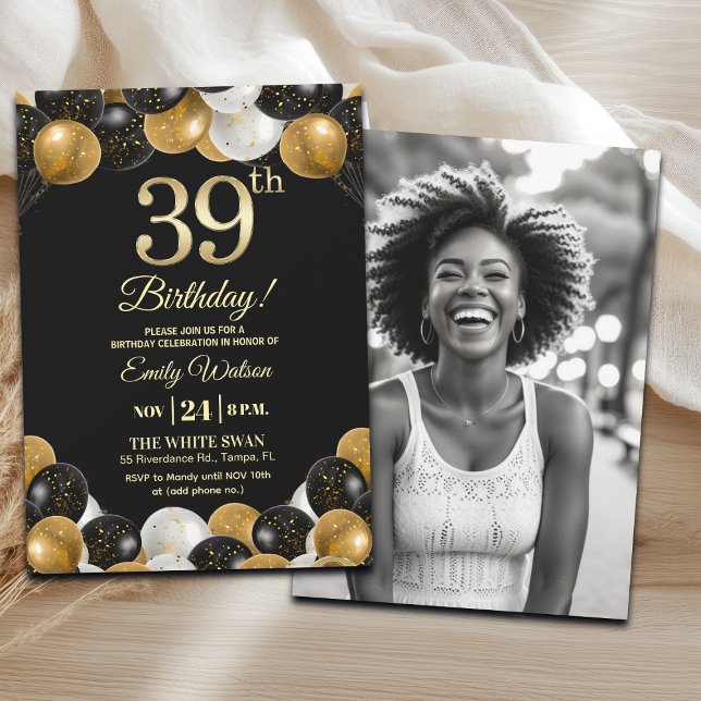 Convites Elegant Black Gold Glitter 39th Birthday Photo (Criador carregado)