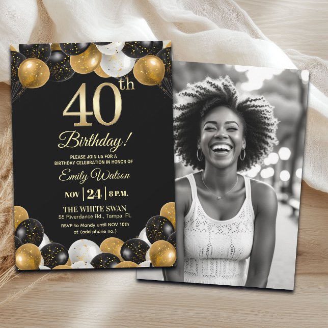 Convites Elegant Black Gold Glitter 40th Birthday Photo (Criador carregado)