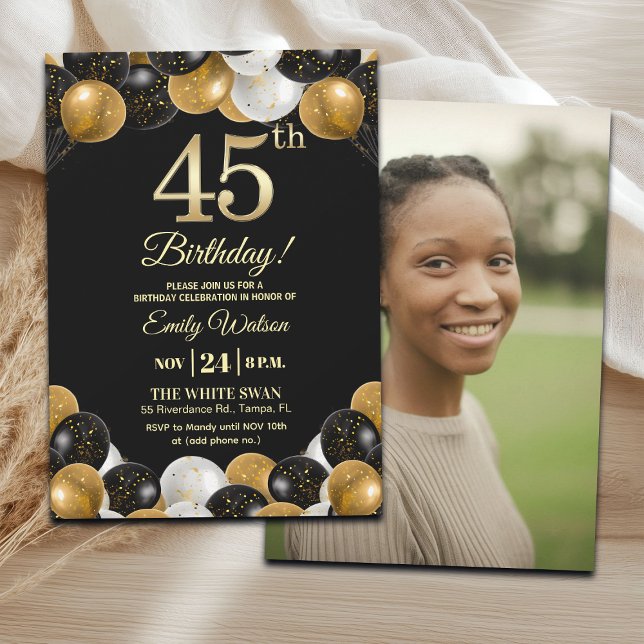 Convites Elegant Black Gold Glitter 45th Birthday Photo (Criador carregado)