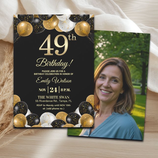 Convites Elegant Black Gold Glitter 49th Birthday Photo (Criador carregado)