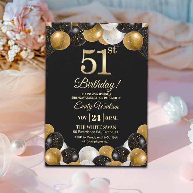 Convites Elegant Black Gold Glitter 51st Birthday Party (Criador carregado)