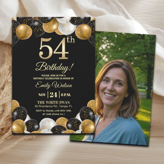 Convites Elegant Black Gold Glitter 54th Birthday Photo (Criador carregado)