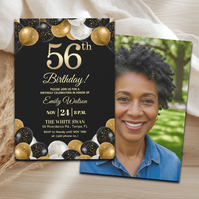 Convites Elegant Black Gold Glitter 56th Birthday Photo (Criador carregado)