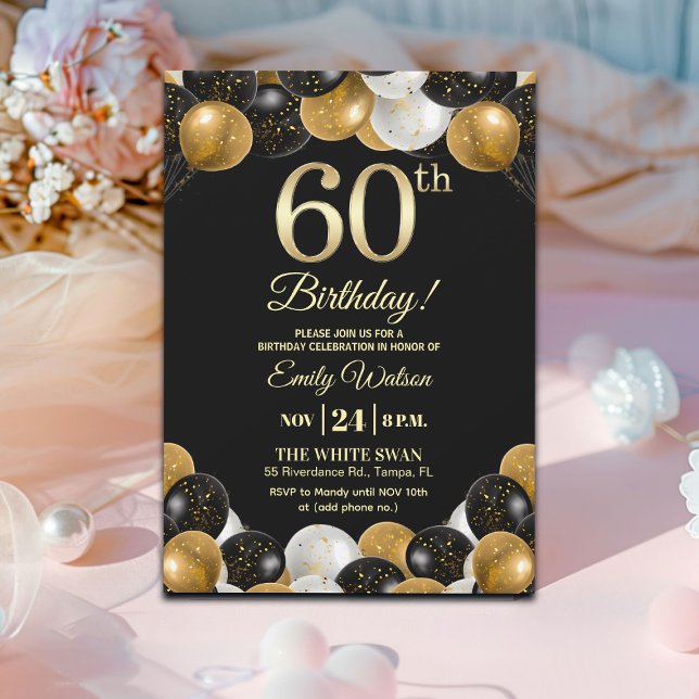 Convites Elegant Black Gold Glitter 60th Birthday Party (Criador carregado)