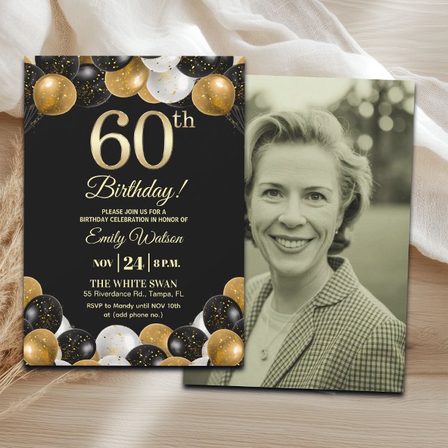 Convites Elegant Black Gold Glitter 60th Birthday Photo (Criador carregado)