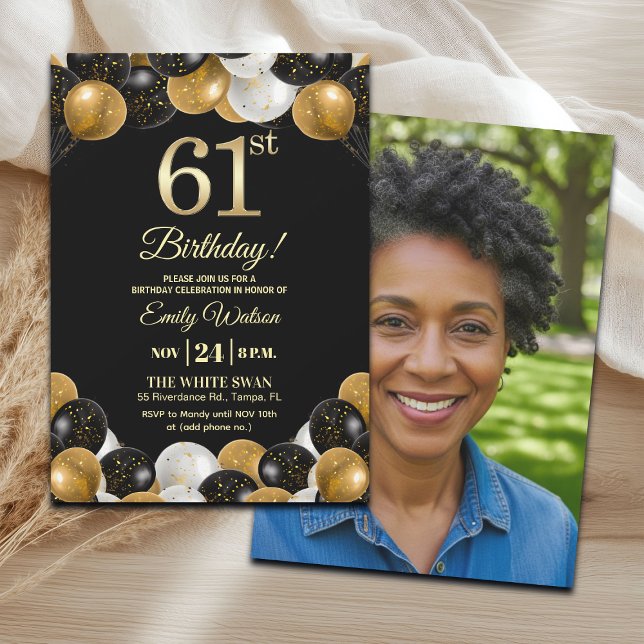 Convites Elegant Black Gold Glitter 61st Birthday Photo (Criador carregado)