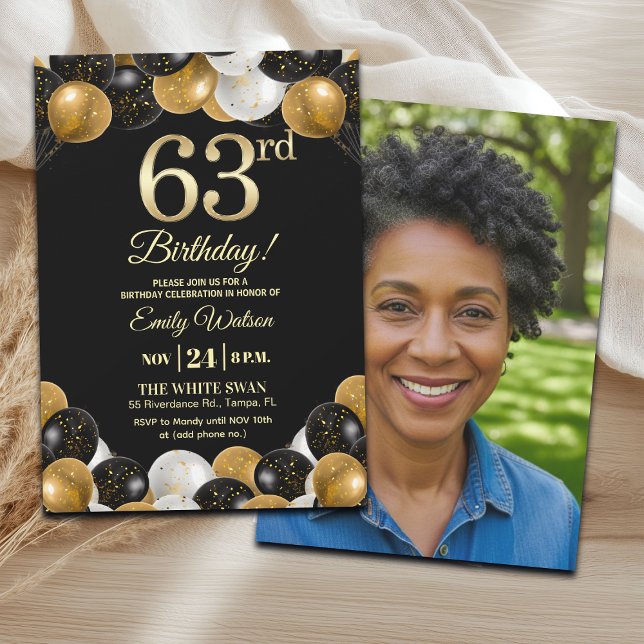 Convites Elegant Black Gold Glitter 63rd Birthday Photo (Criador carregado)