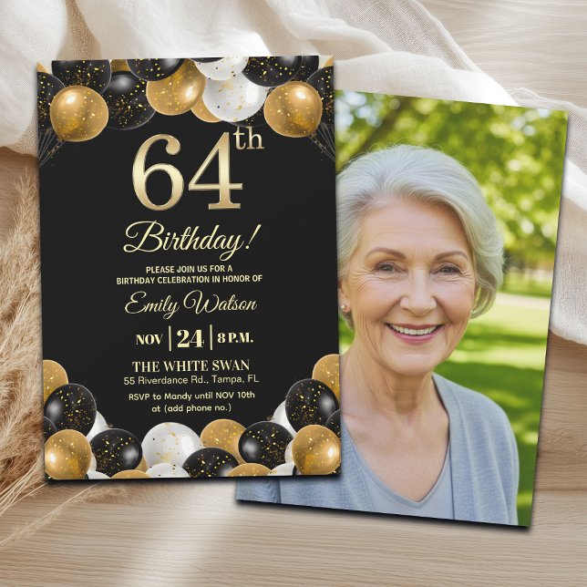 Convites Elegant Black Gold Glitter 64th Birthday Photo (Criador carregado)