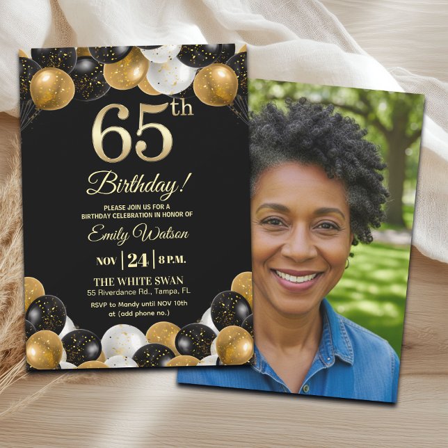 Convites Elegant Black Gold Glitter 65th Birthday Photo (Criador carregado)