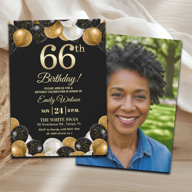 Convites Elegant Black Gold Glitter 66th Birthday Photo (Criador carregado)