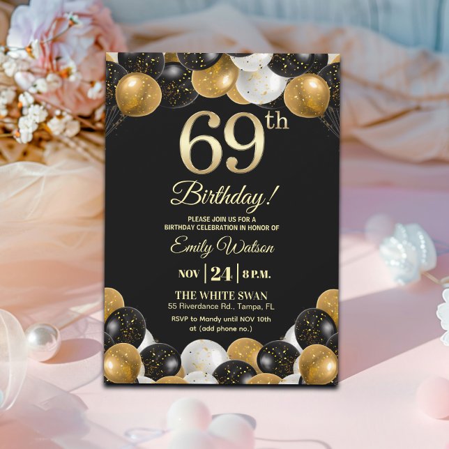 Convites Elegant Black Gold Glitter 69th Birthday Party (Criador carregado)