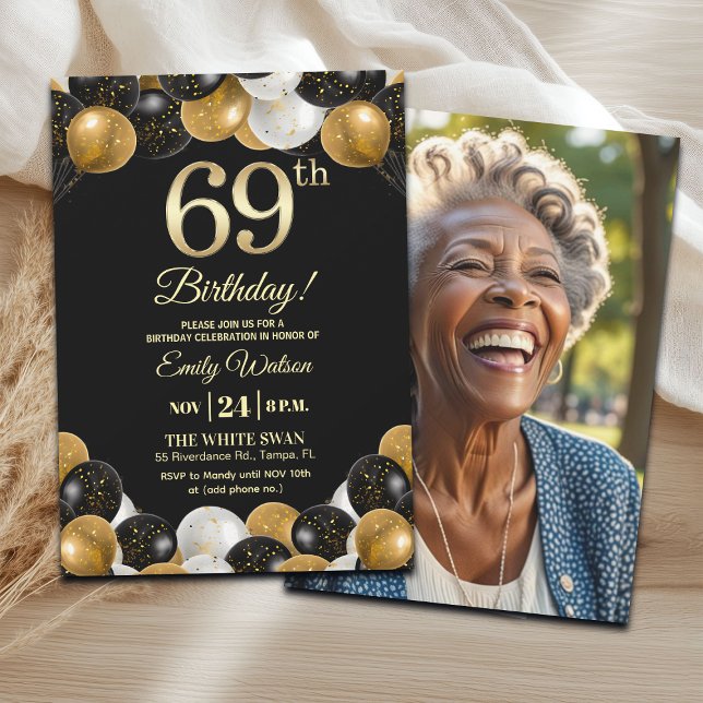 Convites Elegant Black Gold Glitter 69th Birthday Photo (Criador carregado)