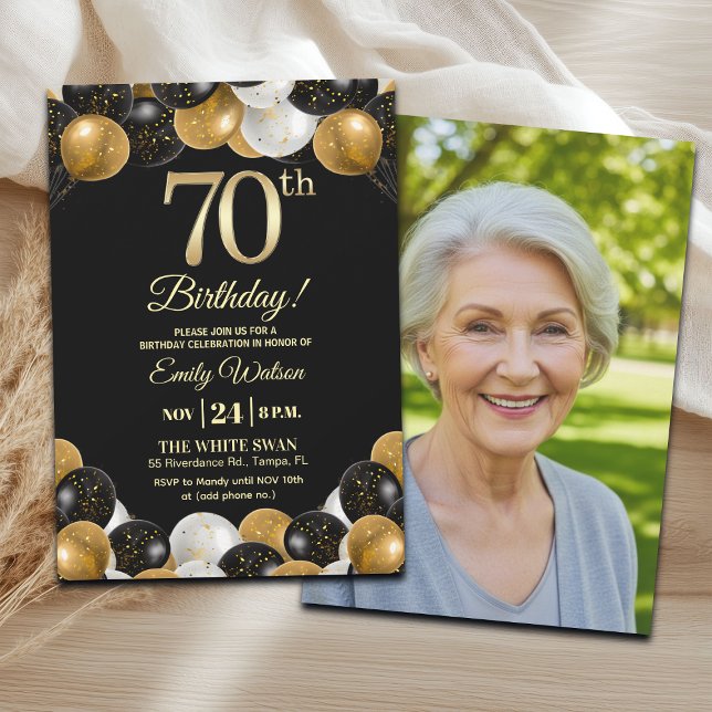 Convites Elegant Black Gold Glitter 70th Birthday Photo (Criador carregado)