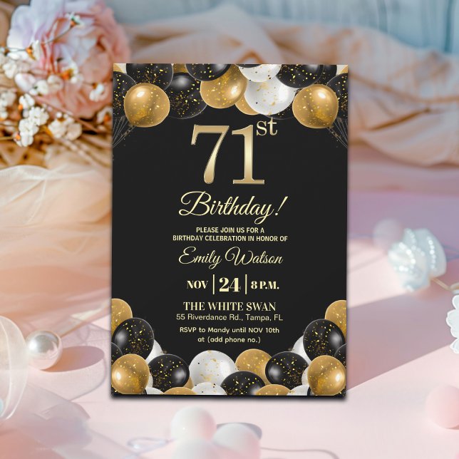 Convites Elegant Black Gold Glitter 71st Birthday Party (Criador carregado)