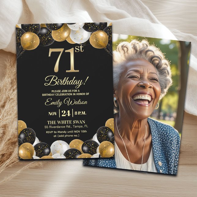 Convites Elegant Black Gold Glitter 71st Birthday Photo (Criador carregado)