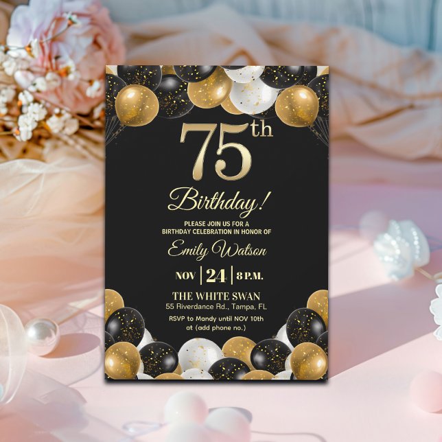 Convites Elegant Black Gold Glitter 75th Birthday Party (Criador carregado)