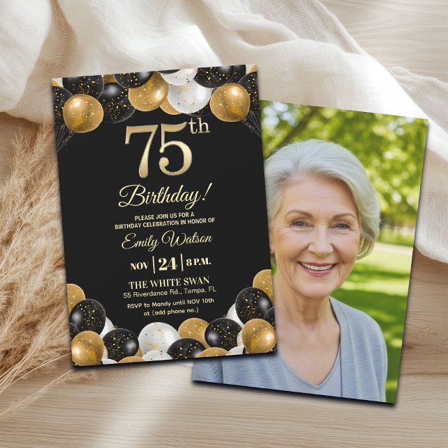 Convites Elegant Black Gold Glitter 75th Birthday Photo (Criador carregado)