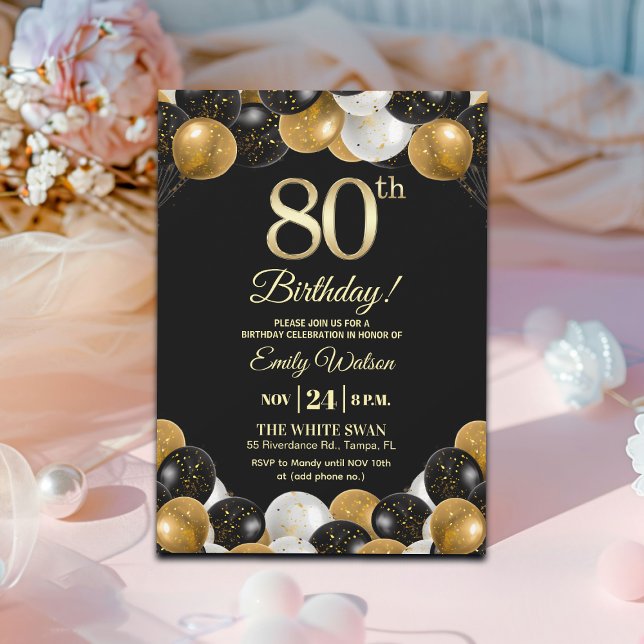 Convites Elegant Black Gold Glitter 80th Birthday (Criador carregado)
