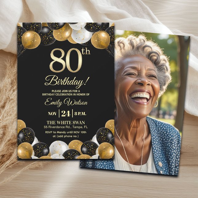 Convites Elegant Black Gold Glitter 80th Birthday Photo (Criador carregado)