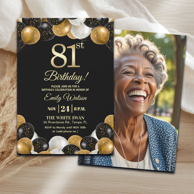 Convites Elegant Black Gold Glitter 81st Birthday Photo (Criador carregado)