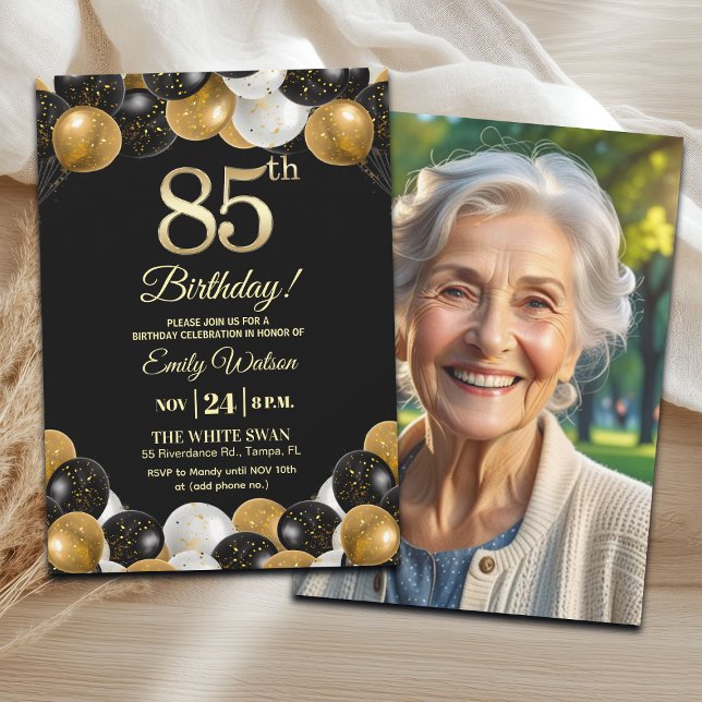 Convites Elegant Black Gold Glitter 85th Birthday Photo (Criador carregado)