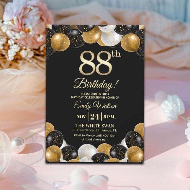 Convites Elegant Black Gold Glitter 88th Birthday  (Criador carregado)