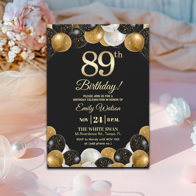 Convites Elegant Black Gold Glitter 89th Birthday  (Criador carregado)