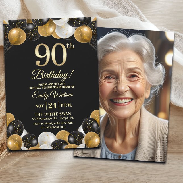 Convites Elegant Black Gold Glitter 90th Birthday Photo (Criador carregado)