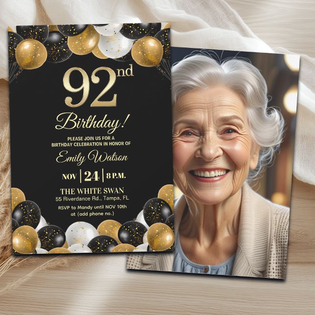 Convites Elegant Black Gold Glitter 92nd Birthday Photo (Criador carregado)