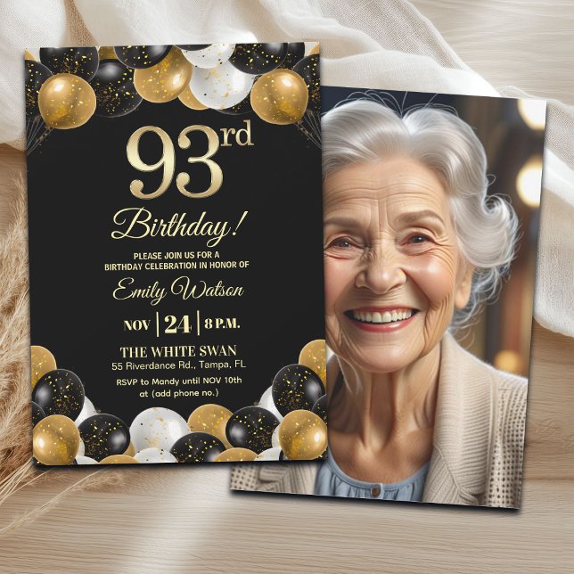 Convites Elegant Black Gold Glitter 93rd Birthday Photo (Criador carregado)