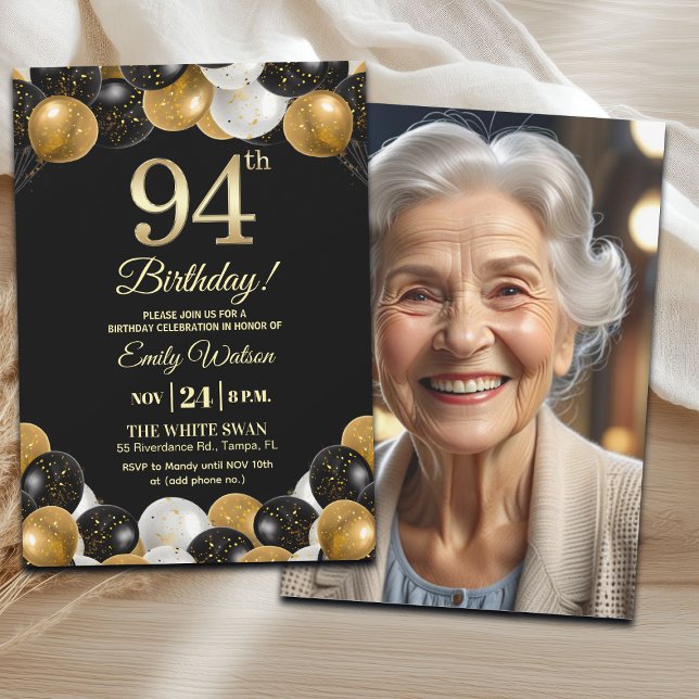 Convites Elegant Black Gold Glitter 94th Birthday Photo (Criador carregado)