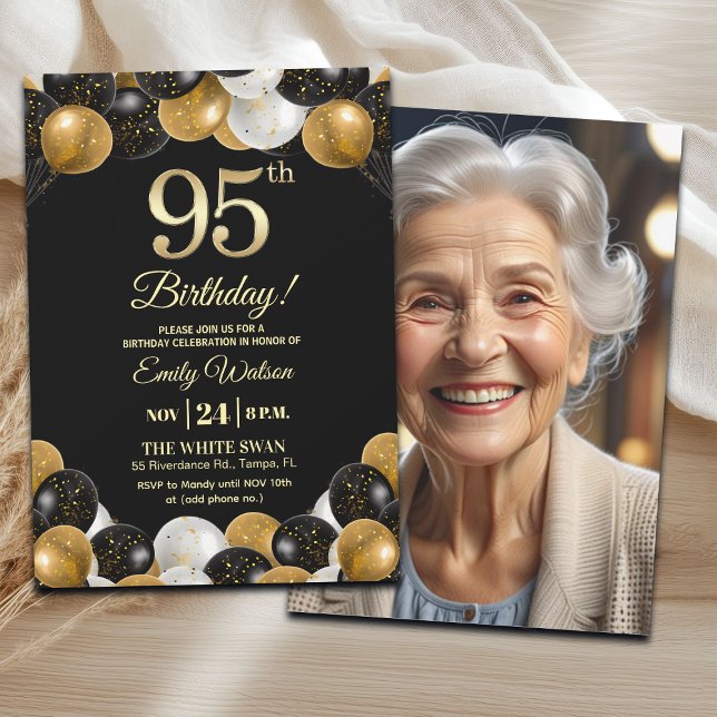 Convites Elegant Black Gold Glitter 95th Birthday Photo (Criador carregado)