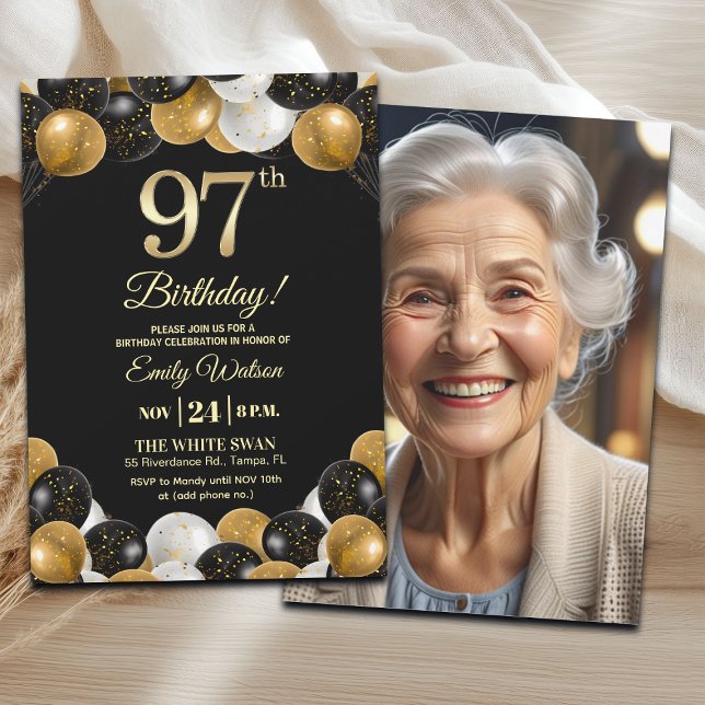 Convites Elegant Black Gold Glitter 97th Birthday Photo (Criador carregado)