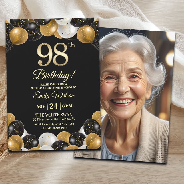 Convites Elegant Black Gold Glitter 98th Birthday Photo (Criador carregado)