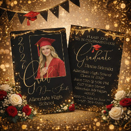 Convites Elegant Black & Gold Graduation Invitation 