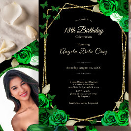 Convites Elegant Black Gold Green Rose 18th Birthday Debut 
