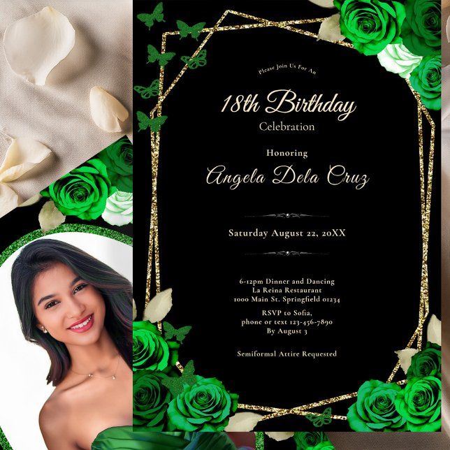 Convites Elegant Black Gold Green Rose 18th Birthday Debut  (Criador carregado)