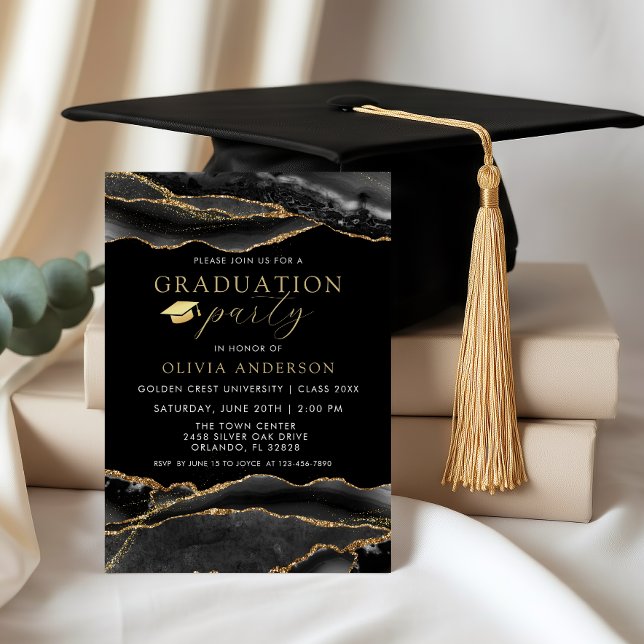 Convites Elegant Black & Gold Marble Graduatio Party (Elegant Black and Gold agate Graduation Party Invitation)