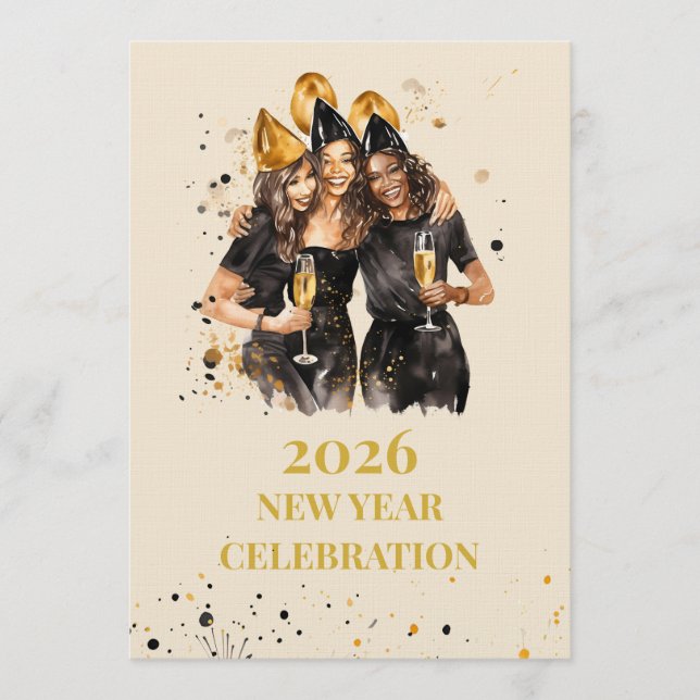 Convites Elegant Black & Gold New Year Invitation (Frente)