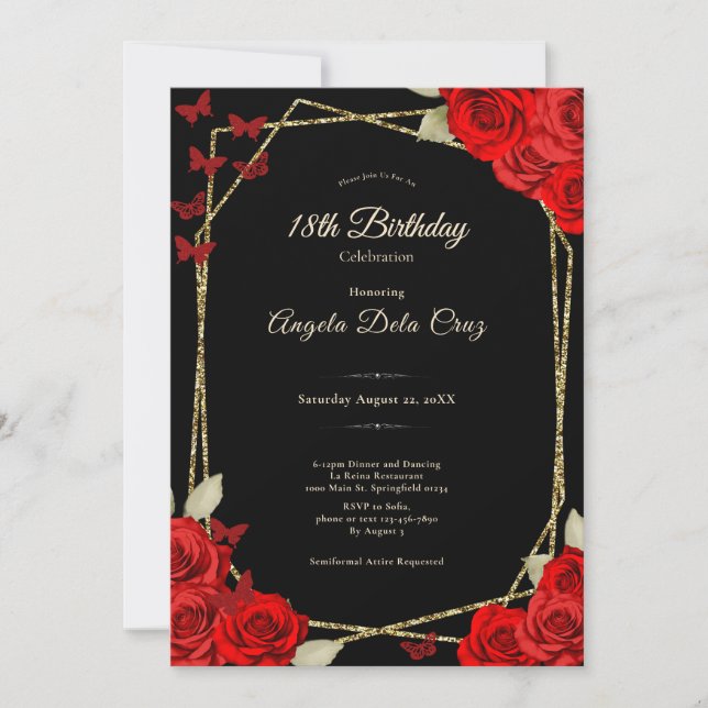 Convites Elegant Black Gold Red Roses 18th Birthday Debut (Frente)